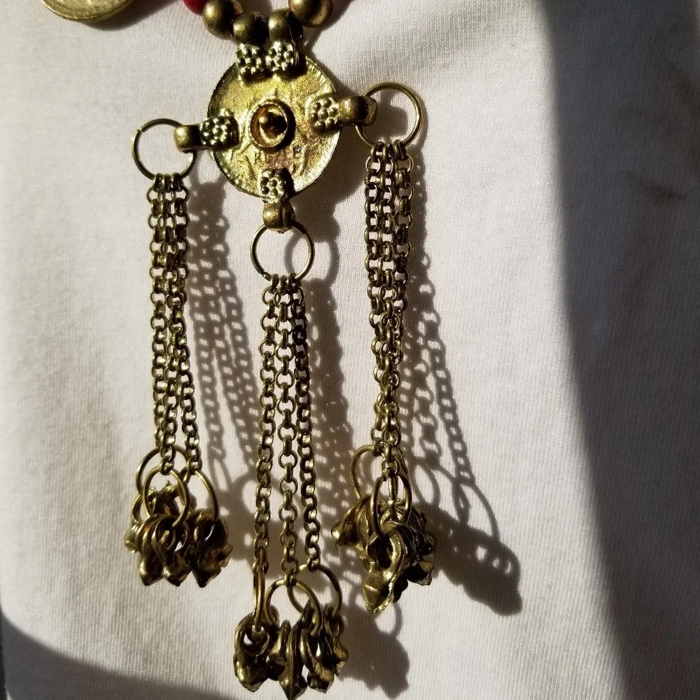Goldtone Coin Necklace w/ Red Beads & Tassels - Picture 4 of 7